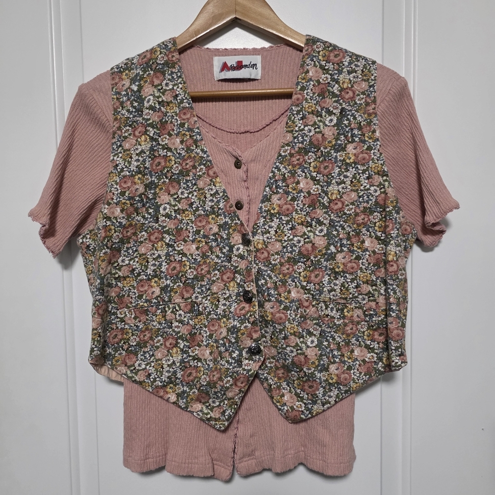 Vintage Pink Floral Vest And Shirt L